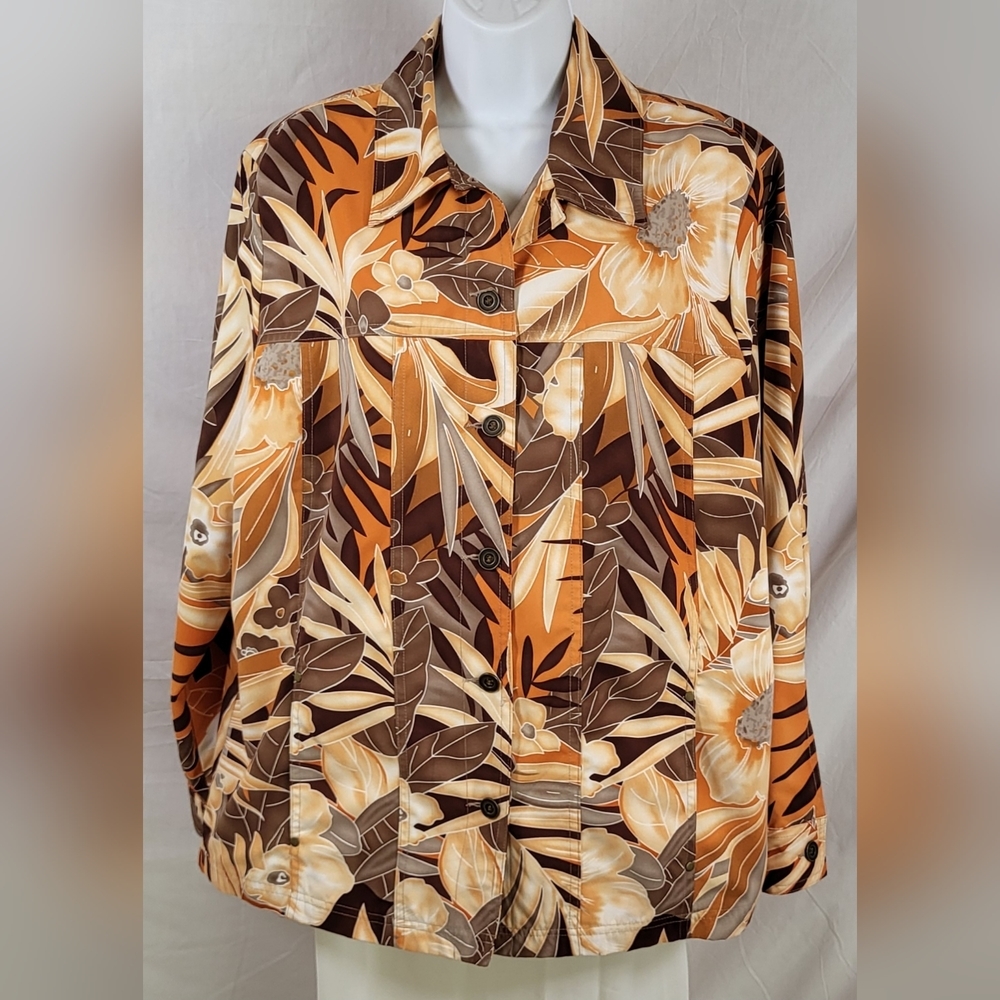 ALLISON DALEY Orange and Peach Floral Shirt Jacket - Size 16